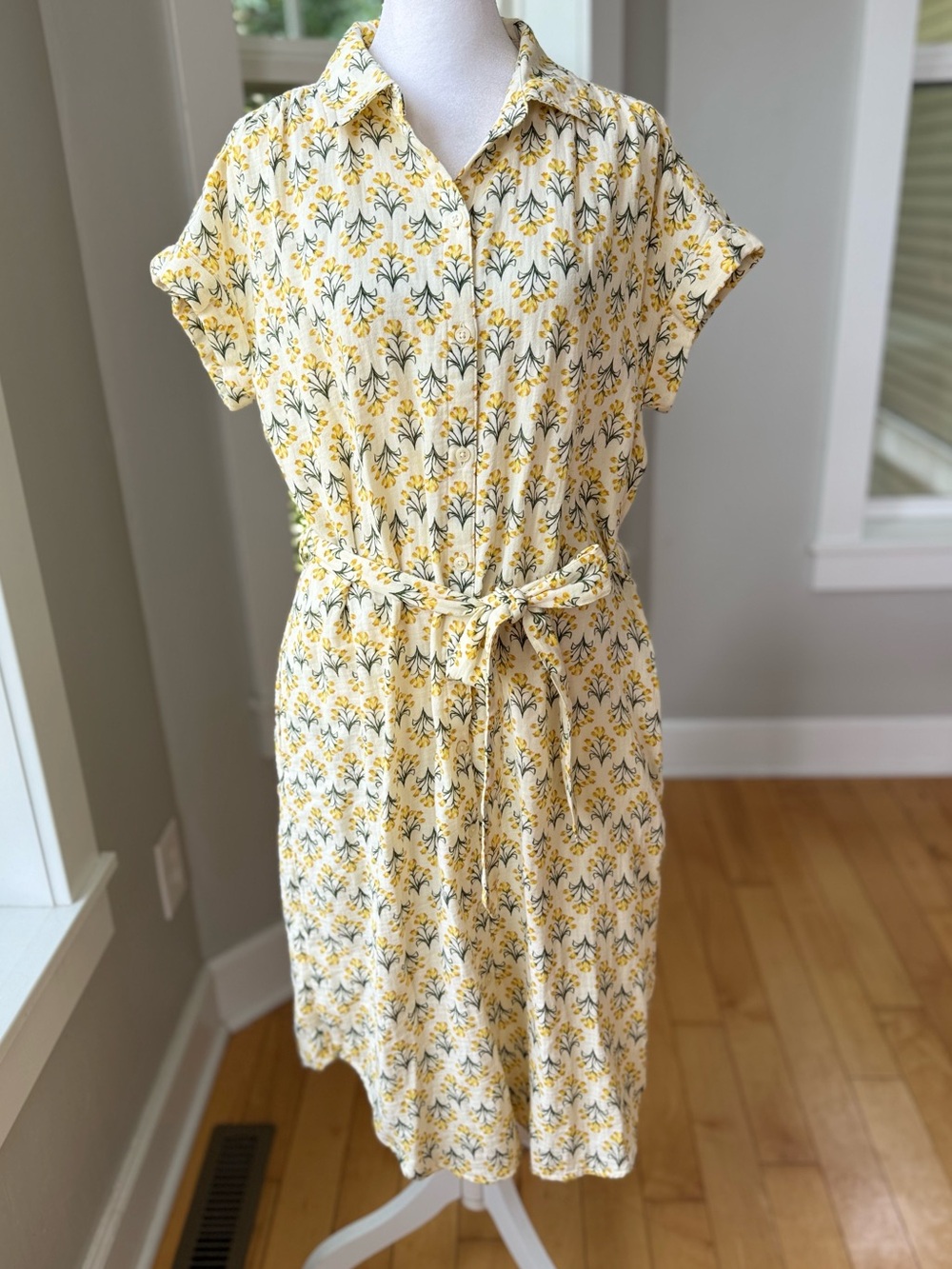 Style & Co. Yellow Floral Cotton Gauze Tie-Waist Midi Shirt Dress Size Small